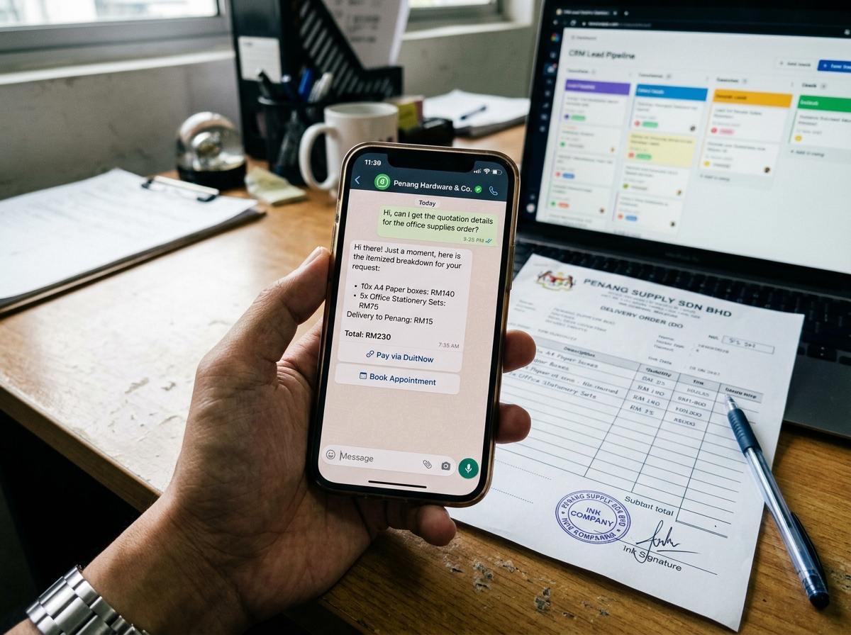 Workflow showing how a WhatsApp AI assistant handles a customer inquiry